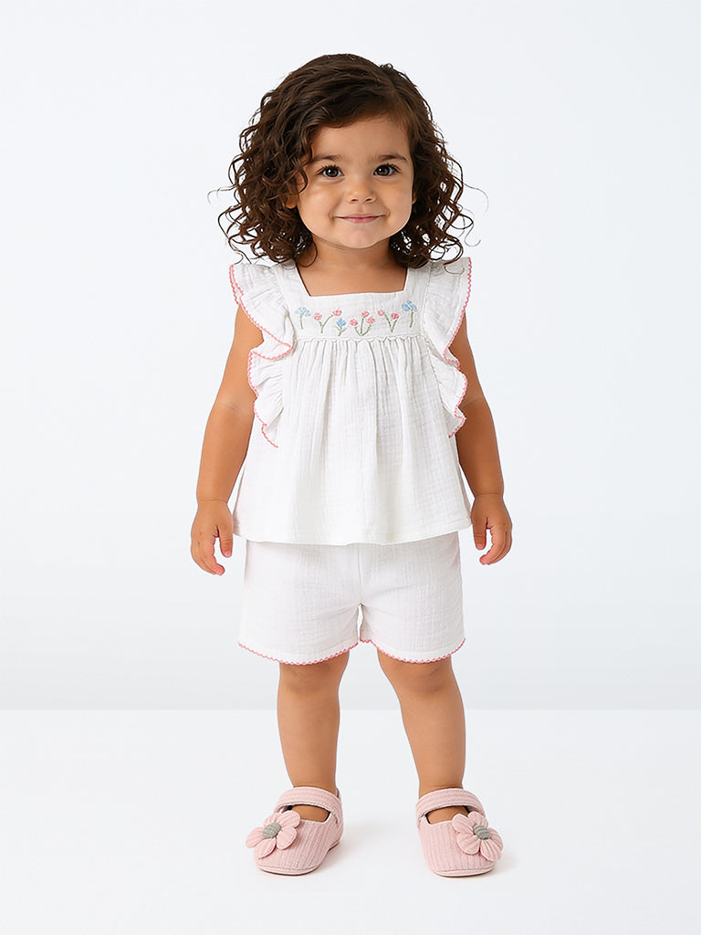 HOP Baby Girls White Crinkle-Textured Ruffled Cotton Top and Shorts Set