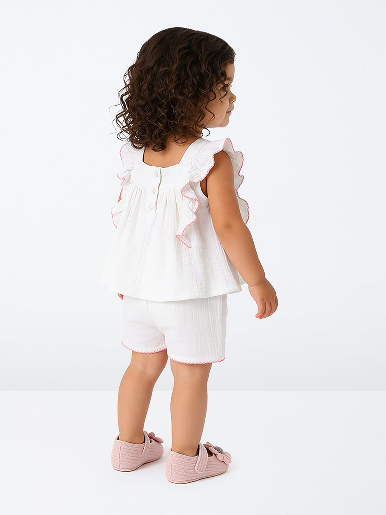 HOP Baby Girls White Crinkle-Textured Ruffled Cotton Top and Shorts Set