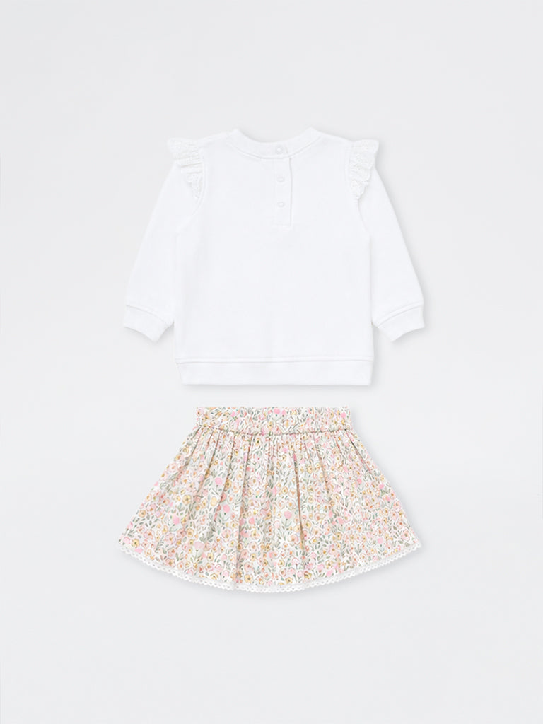 HOP Baby Girls White Printed Cotton Sweatshirt and Skirt Set
