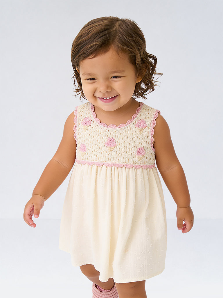 HOP Baby Girl Off-White Crochet Detailed Cotton A-Line Dress