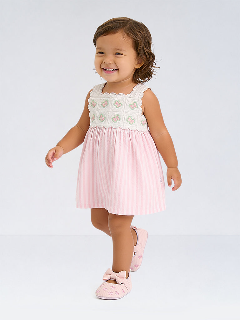 HOP Baby Girl Pink Seersucker Striped Cotton A-Line Dress