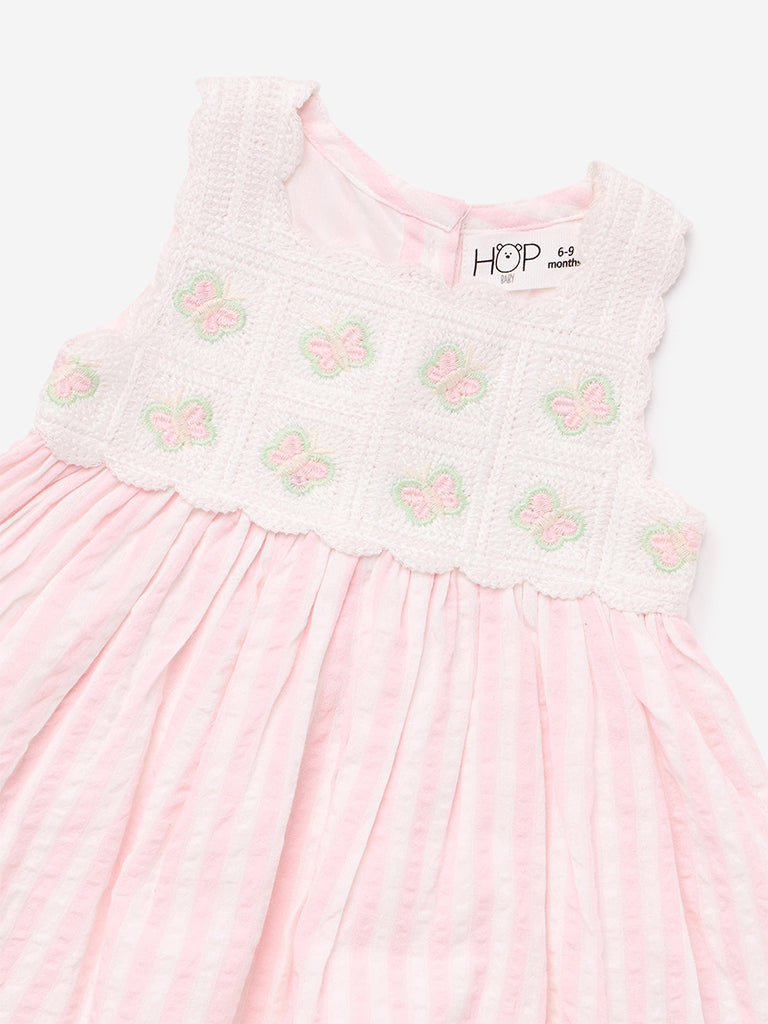 HOP Baby Girl Pink Seersucker Striped Cotton A-Line Dress