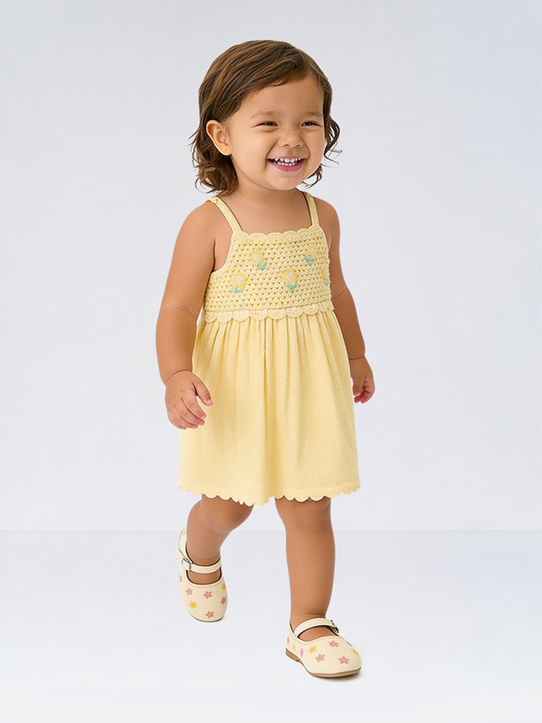 HOP Baby Girl Yellow Crochet Embroidered Cotton A-Line Dress