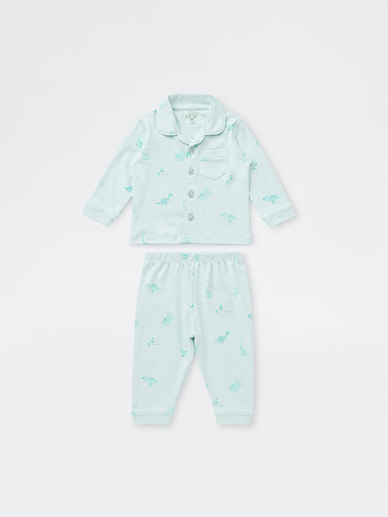 HOP Baby Girls Mint Dinosaur Printed Cotton Shirt and Pants Set