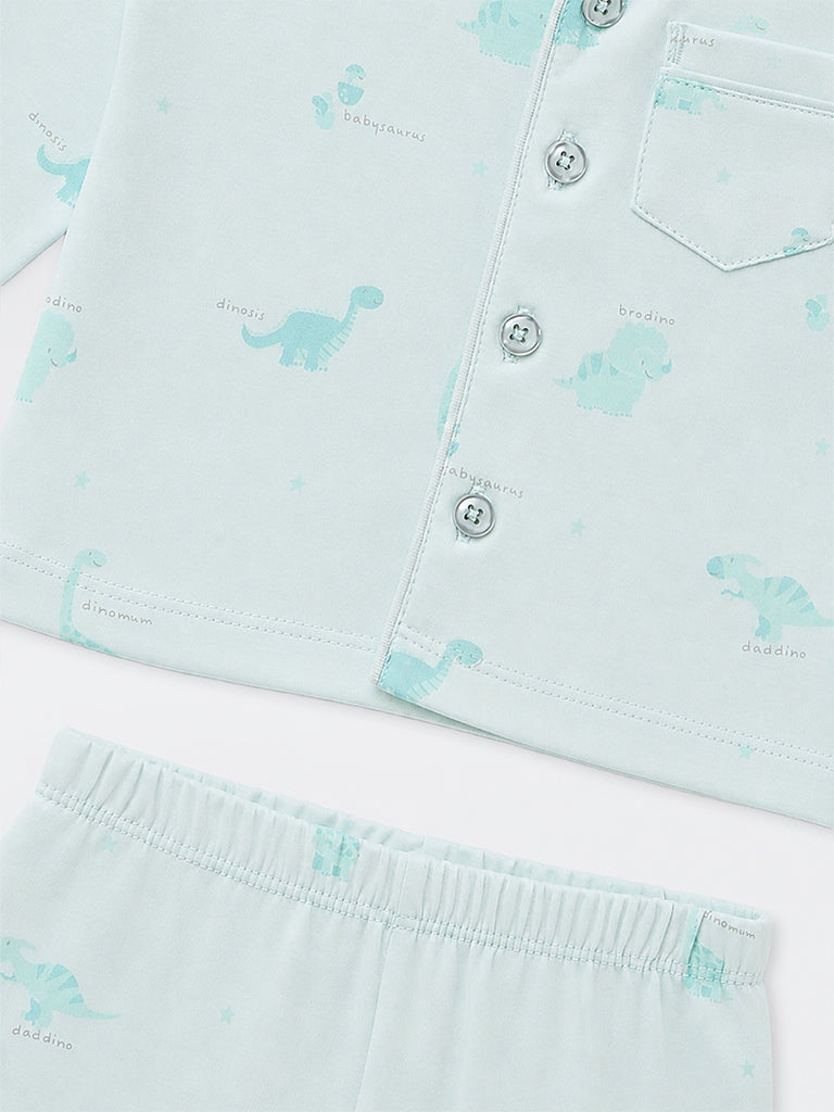 HOP Baby Girls Mint Dinosaur Printed Cotton Shirt and Pants Set