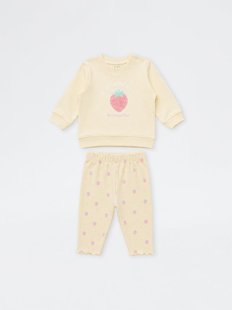 HOP Baby Girls Yellow Strawberry Design Cotton Sweater and Pants Set