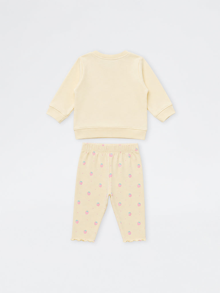 HOP Baby Girls Yellow Strawberry Design Cotton Sweater and Pants Set