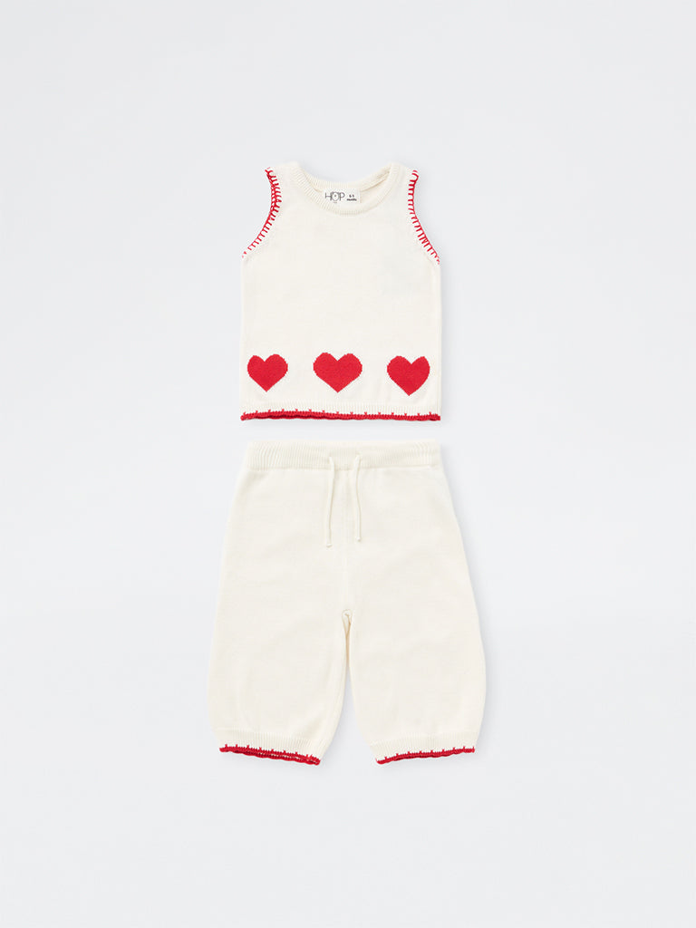 HOP Baby Girls Off-White Heart Design Cotton Sweater and Pants Set