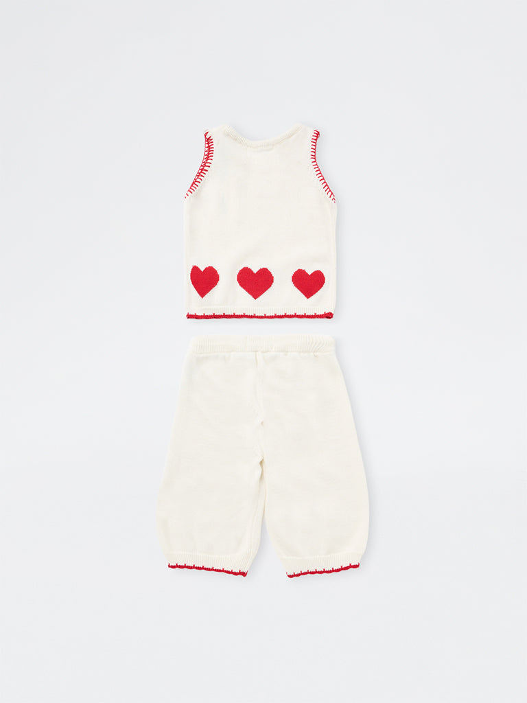 HOP Baby Girls Off-White Heart Design Cotton Sweater and Pants Set