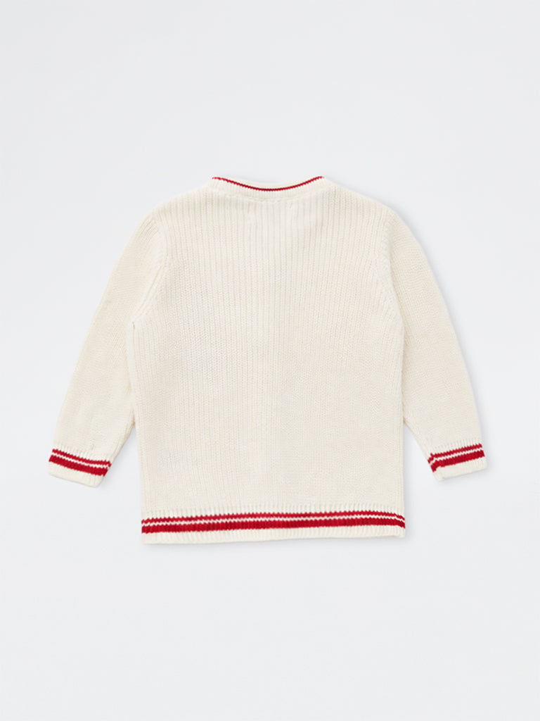 HOP Baby Girls Off-White Teddy-Detail Knitted Cotton Cardigan