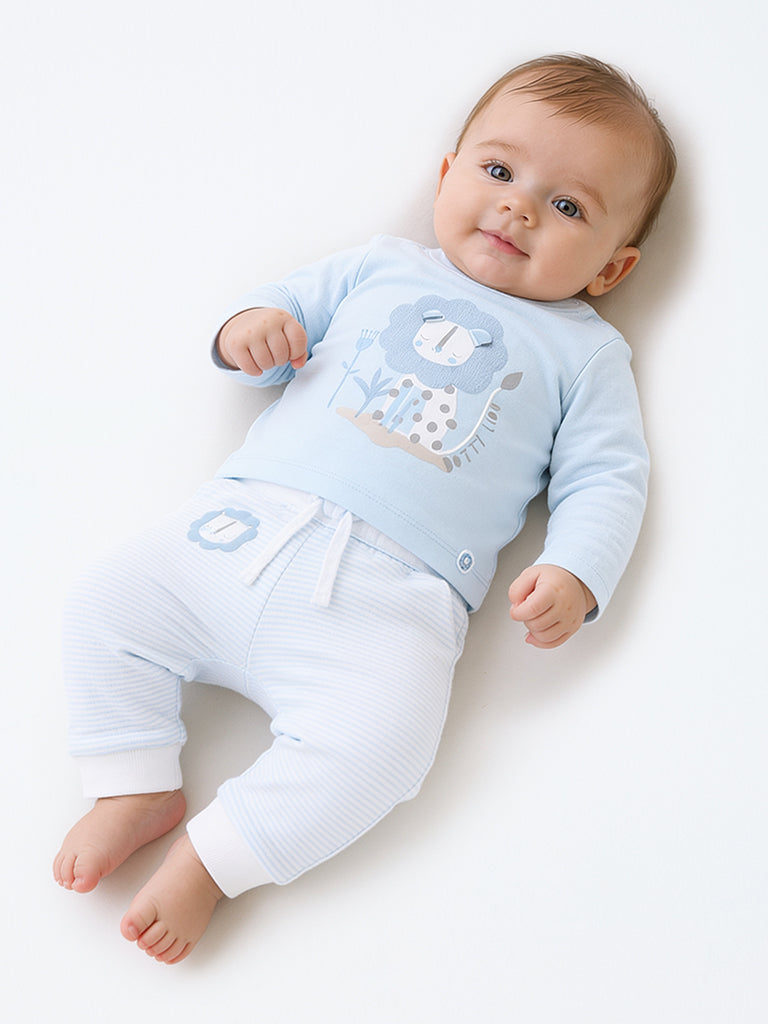 HOP Baby Boys Light Blue Lion Design Cotton T-Shirt and Pants Set