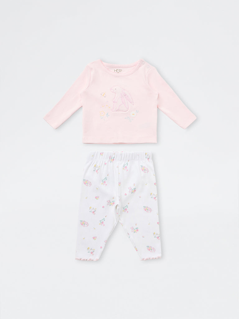 HOP Baby Girls Pink Bunny Embroidered Cotton T-Shirt and Pants Set