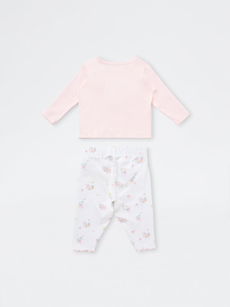 HOP Baby Girls Pink Bunny Embroidered Cotton T-Shirt and Pants Set