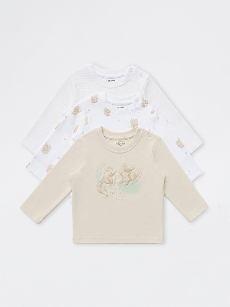 HOP Baby Boys Light Beige Animal Printed Cotton T-Shirts - Pack of 3