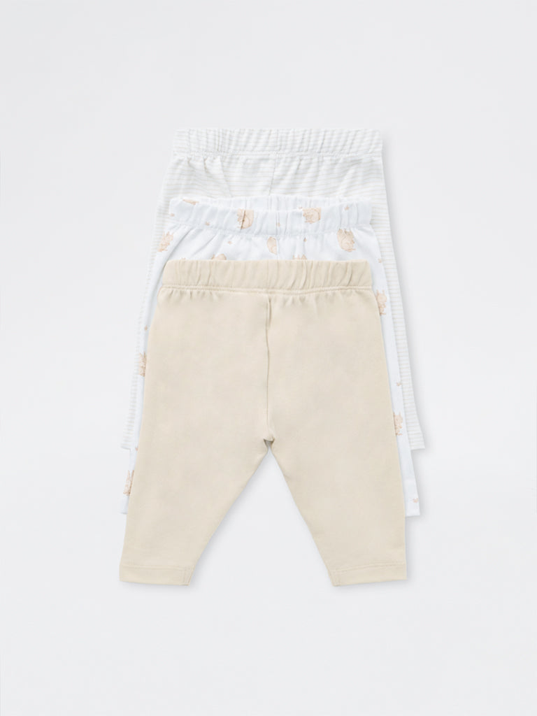 HOP Baby Boys Light Beige Animal Printed Cotton Pants - Pack of 3
