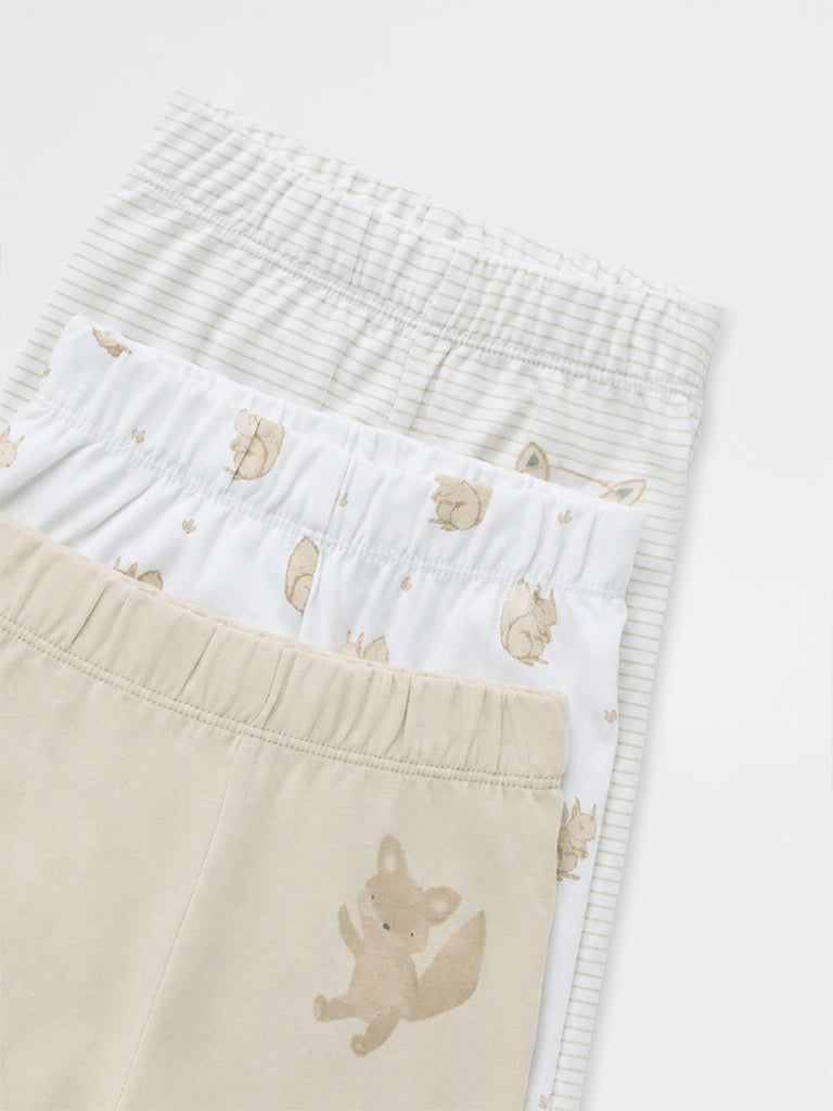 HOP Baby Boys Light Beige Animal Printed Cotton Pants - Pack of 3
