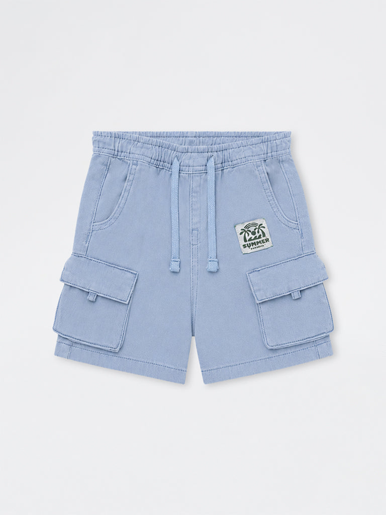 HOP Kids Boys Dusty Blue Cargo-Style Mid-Rise Cotton Shorts