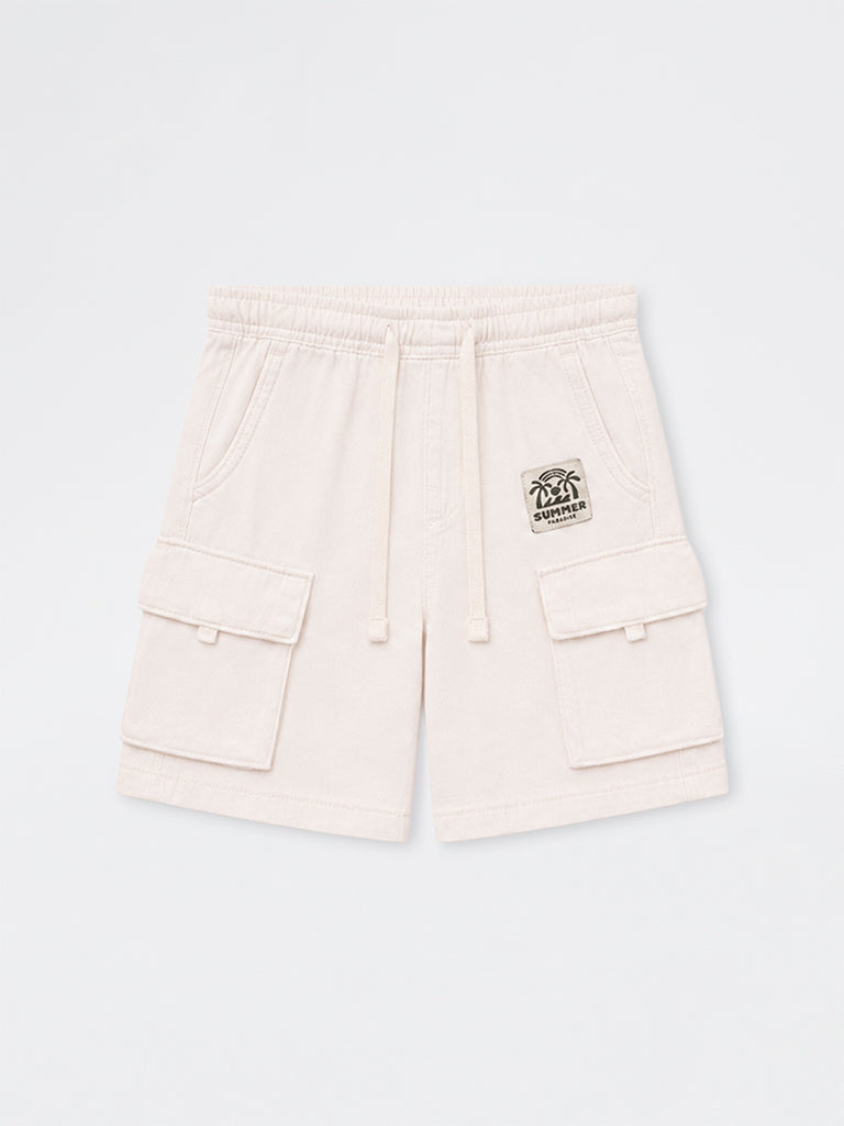 HOP Kids Boys White Cargo-Style Mid-Rise Cotton Shorts
