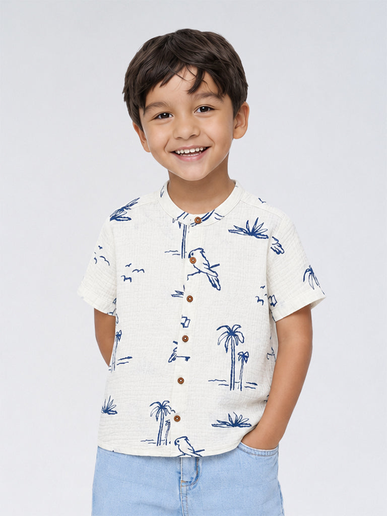 HOP Kids Boys Off-White Printed Cotton Shirt