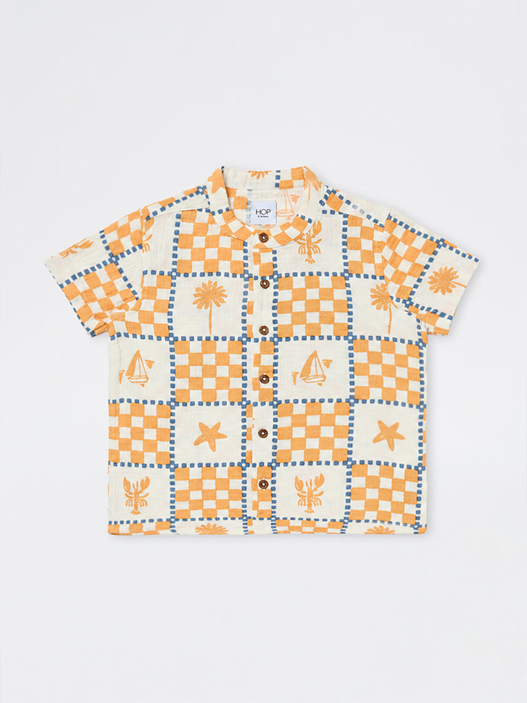 HOP Kids Boys Orange Printed Cotton Shirt