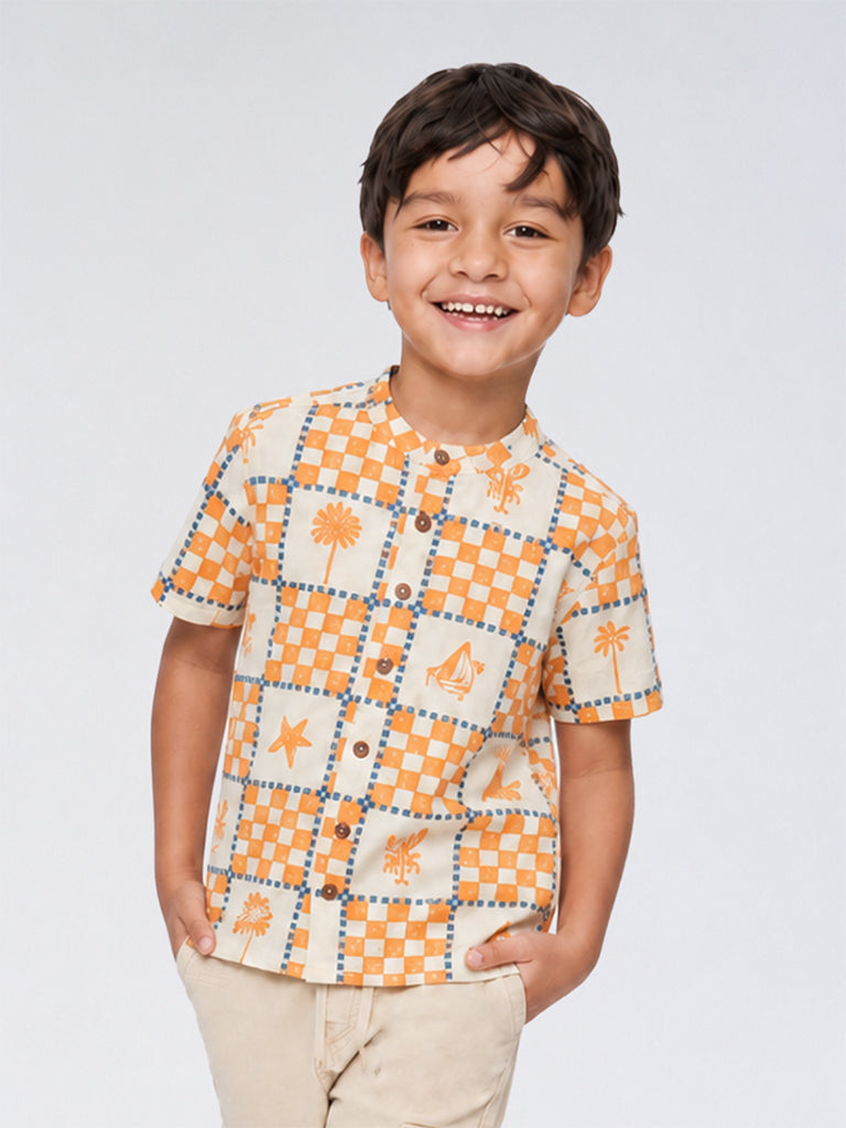 HOP Kids Boys Orange Printed Cotton Shirt