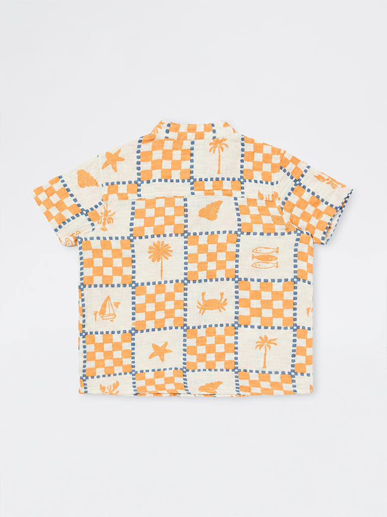 HOP Kids Boys Orange Printed Cotton Shirt