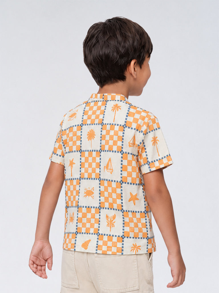HOP Kids Boys Orange Printed Cotton Shirt