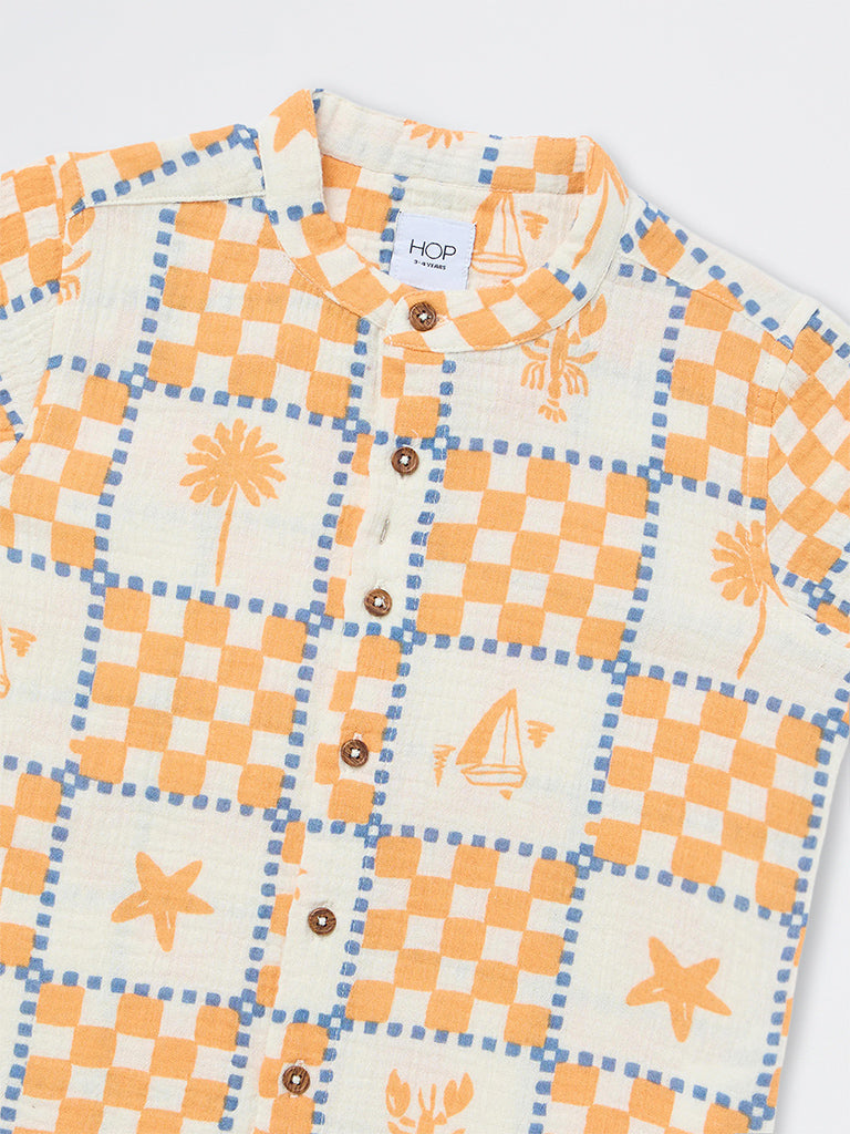 HOP Kids Boys Orange Printed Cotton Shirt
