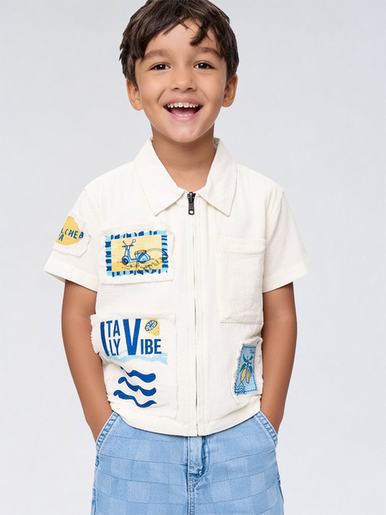 HOP Kids Boys Off-White Patch-Detail Cotton Shirt