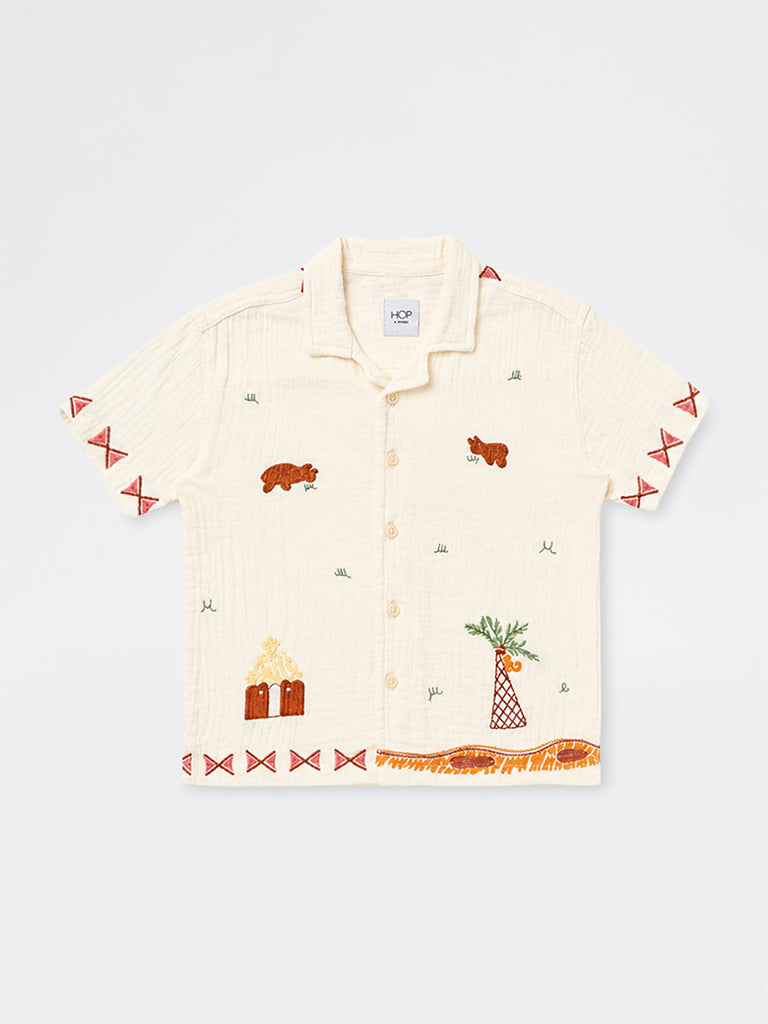 HOP Kids Boys Cream Safari-Theme Cotton Shirt