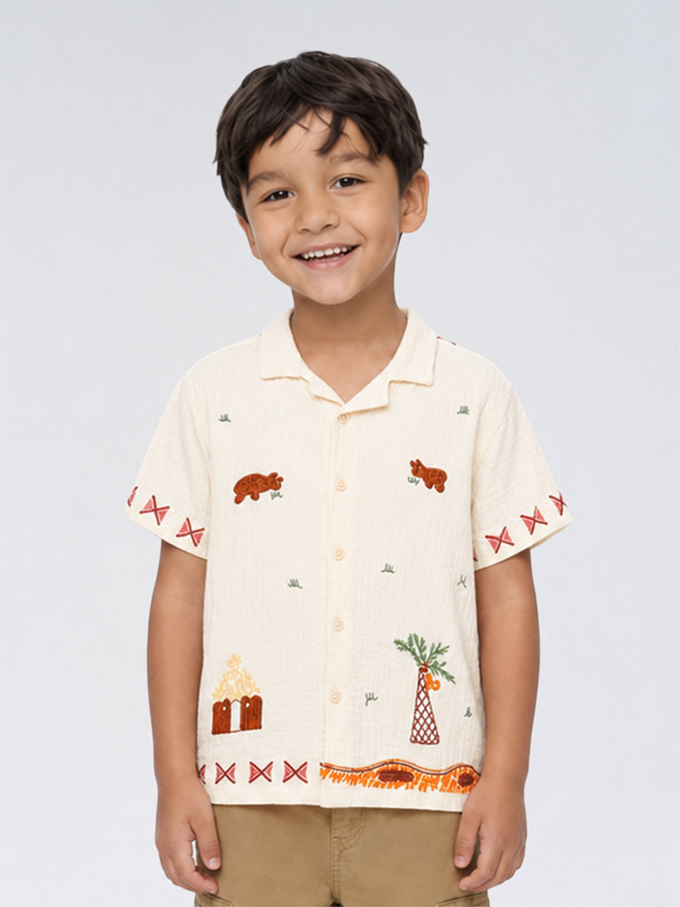 HOP Kids Boys Cream Safari-Theme Cotton Shirt