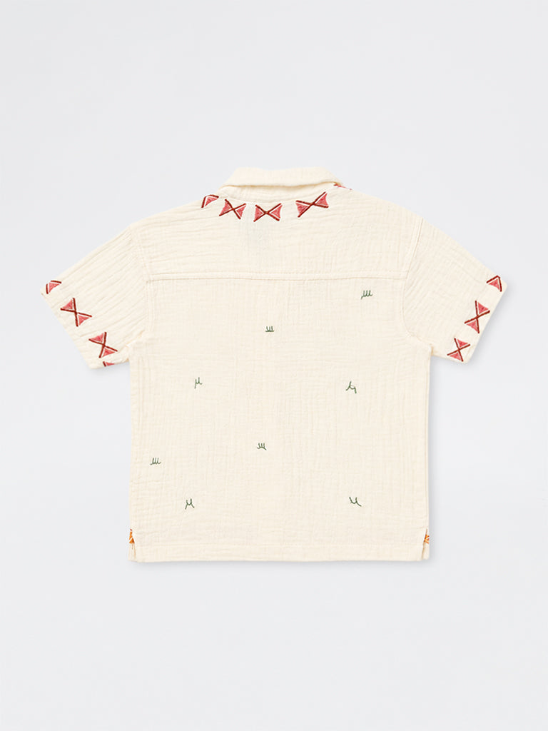 HOP Kids Boys Cream Safari-Theme Cotton Shirt
