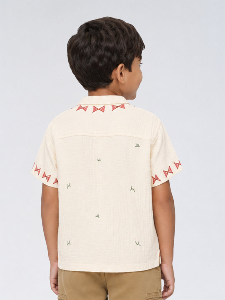 HOP Kids Boys Cream Safari-Theme Cotton Shirt