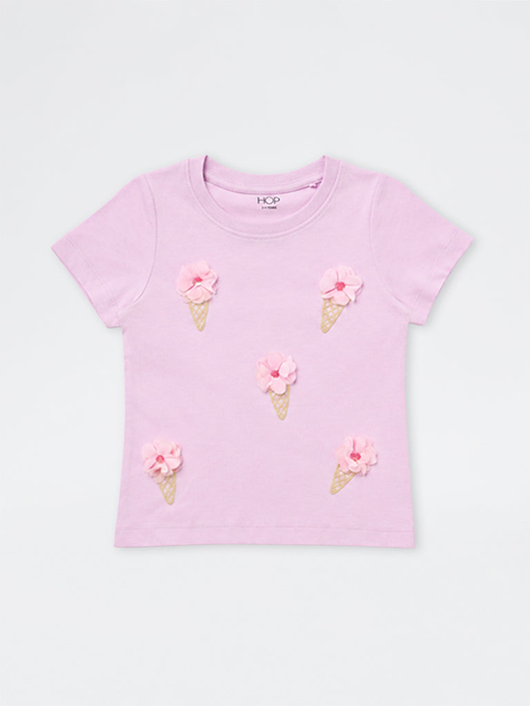 HOP Kids Girls Lilac Floral Appliqué Cotton T-Shirt