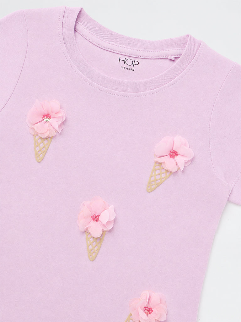 HOP Kids Girls Lilac Floral Appliqué Cotton T-Shirt