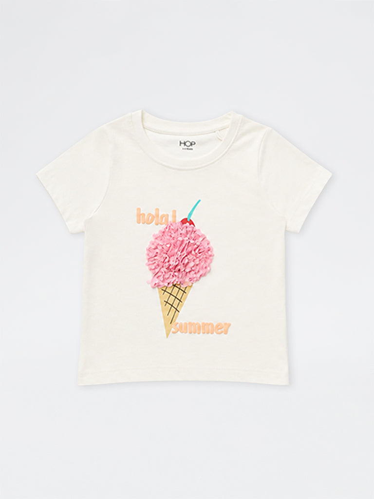 HOP Kids Girls Off-White Ice Cream Appliqué Cotton T-Shirt