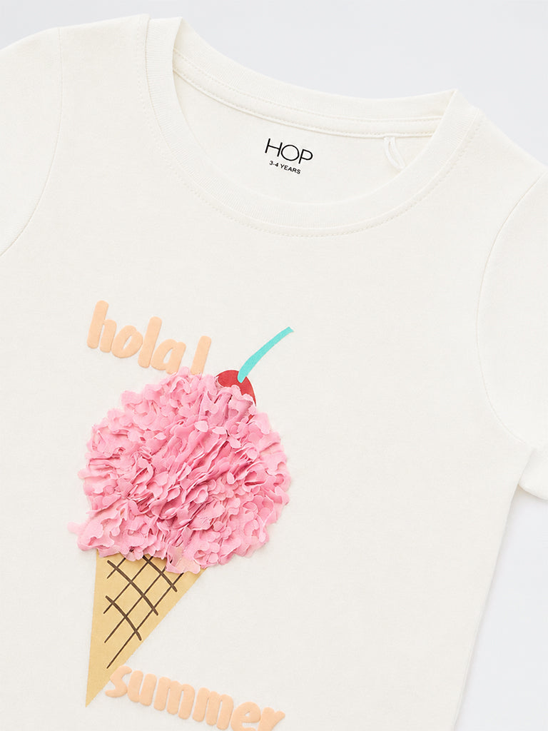 HOP Kids Girls Off-White Ice Cream Appliqué Cotton T-Shirt