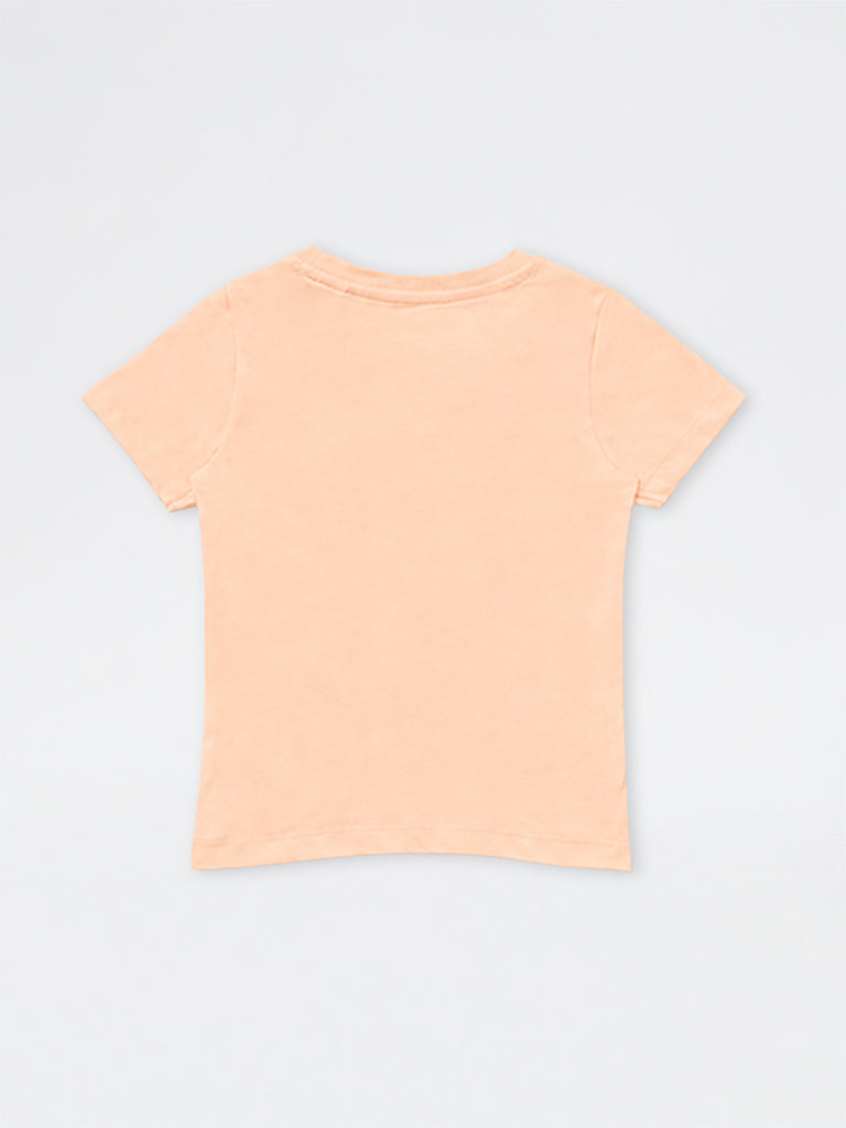 HOP Kids Girls Peach Camera Design Cotton T-Shirt