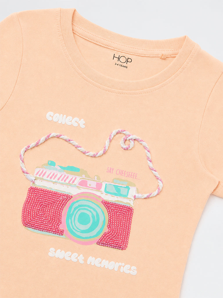 HOP Kids Girls Peach Camera Design Cotton T-Shirt