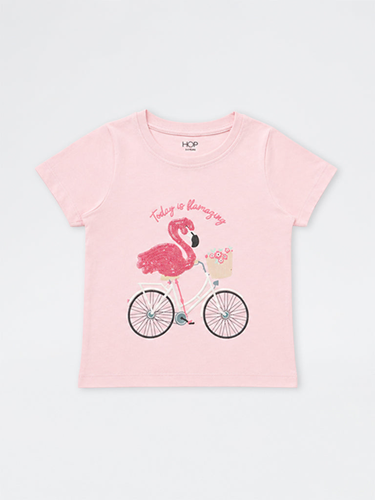 HOP Kids Girls Pink Bird Embellished Cotton T-Shirt