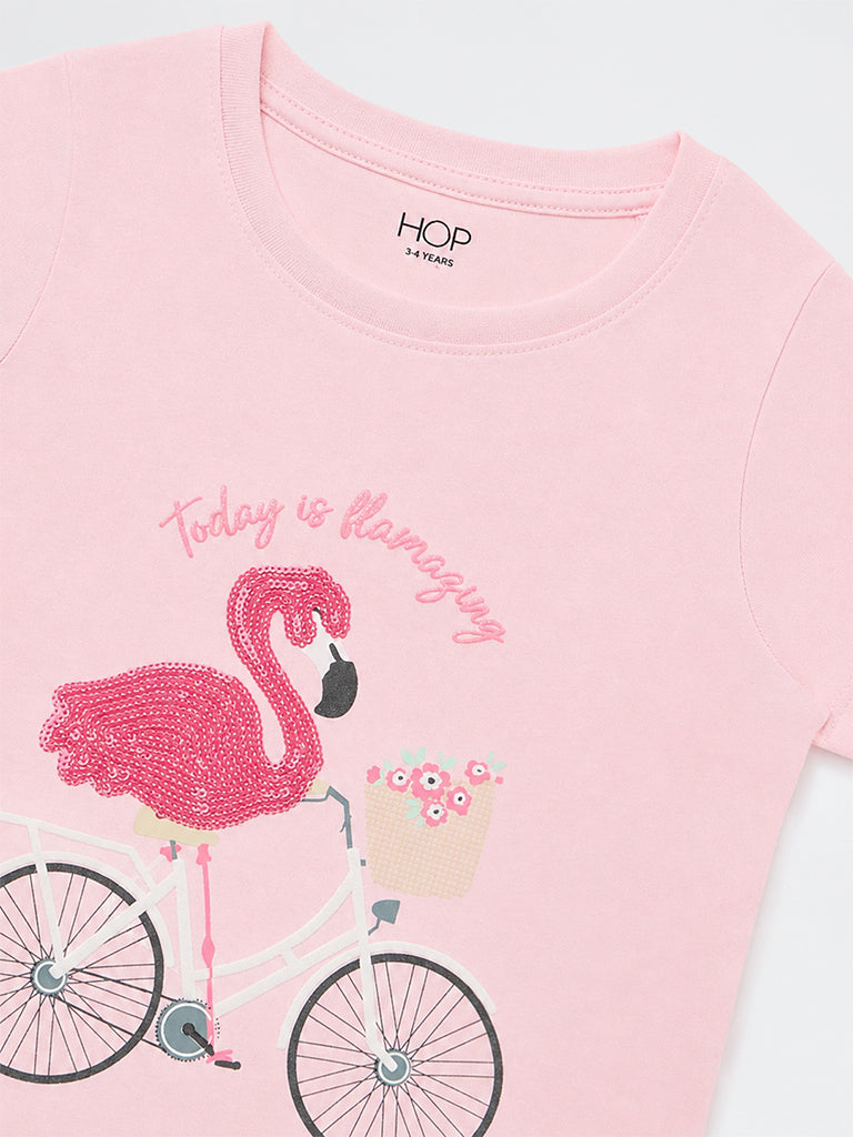 HOP Kids Girls Pink Bird Embellished Cotton T-Shirt