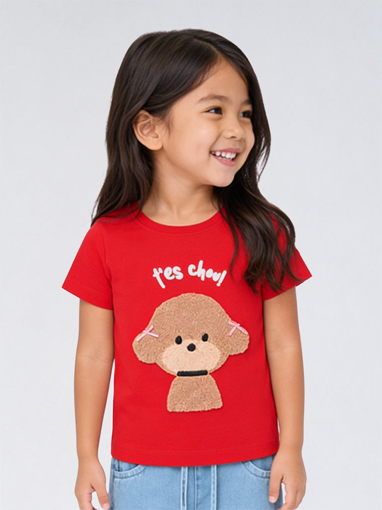 HOP Kids Girls Red Dog Embroidered Cotton T-Shirt