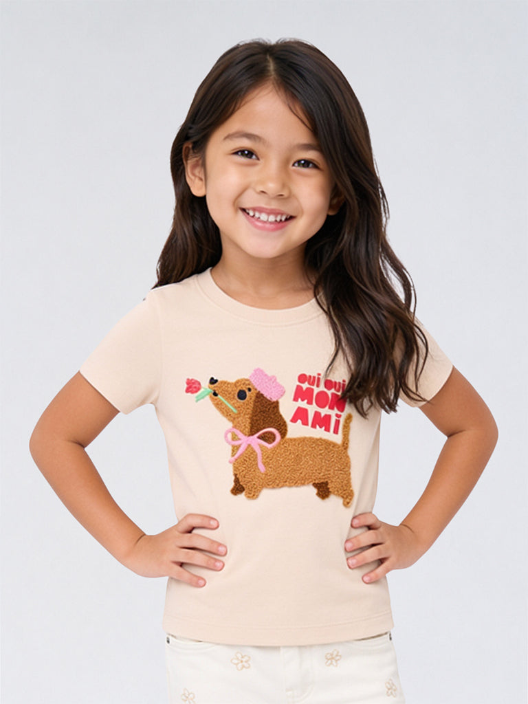 HOP Kids Girls Cream Dog Embroidered Cotton T-Shirt