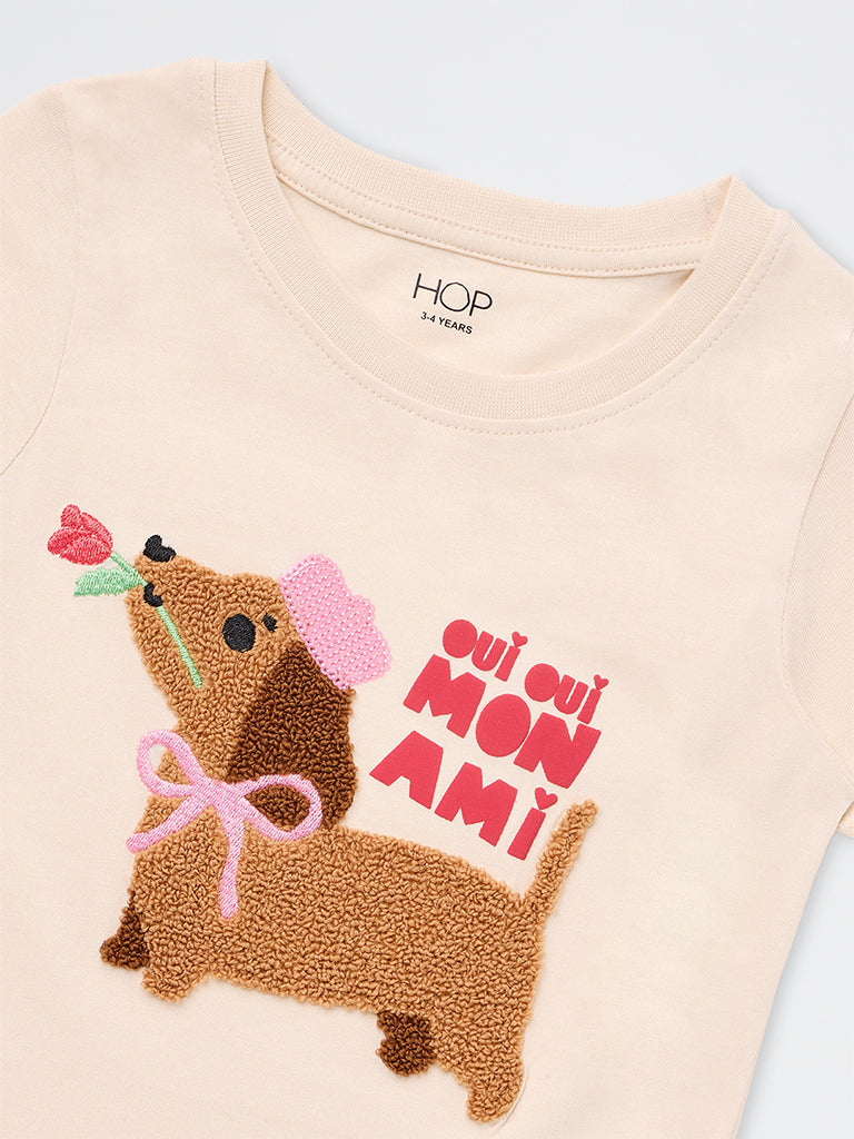 HOP Kids Girls Cream Dog Embroidered Cotton T-Shirt