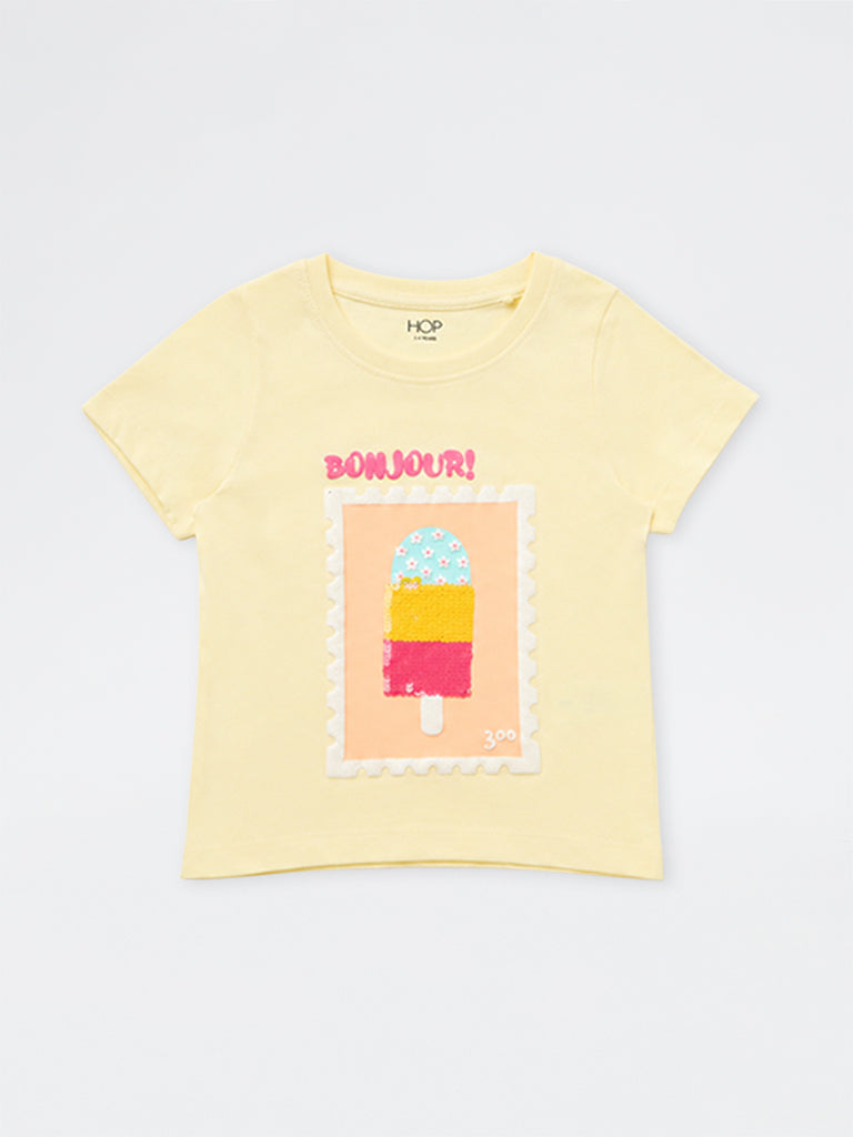 HOP Kids Girls Yellow Embellished Cotton T-Shirt