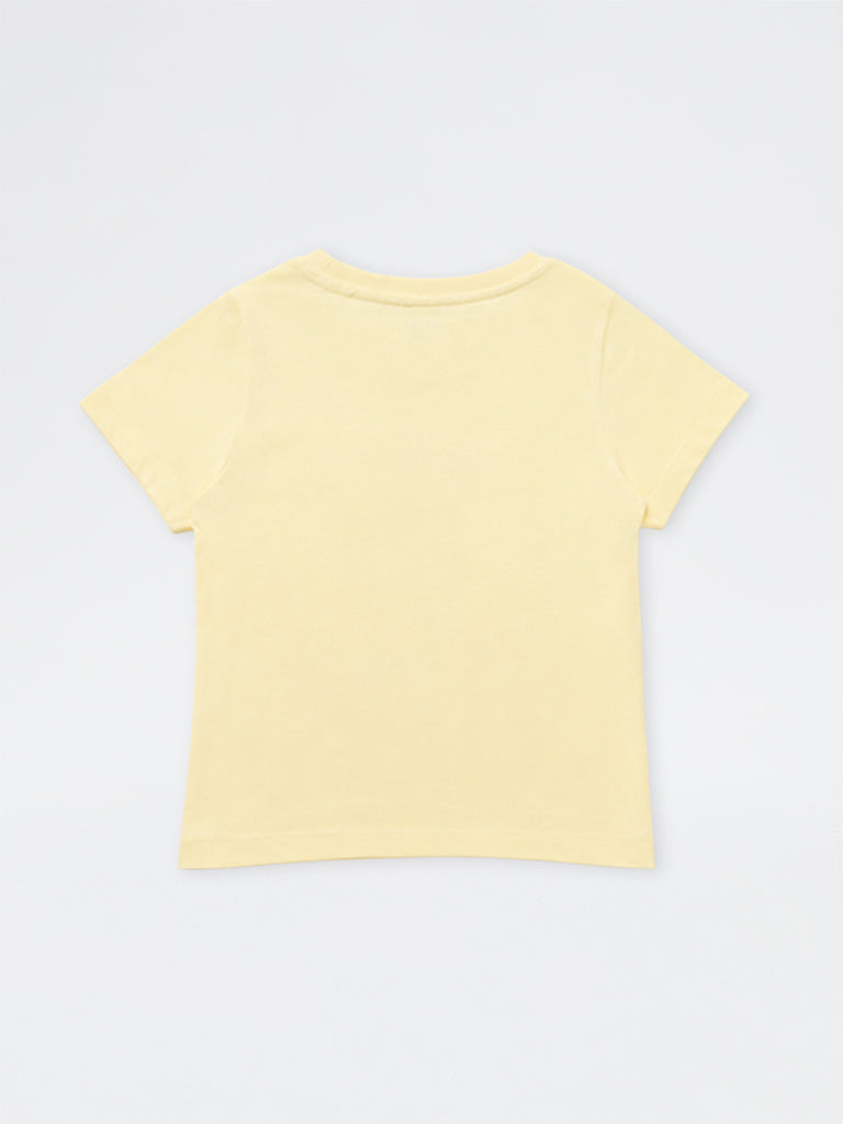 HOP Kids Girls Yellow Embellished Cotton T-Shirt