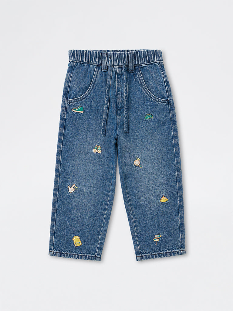 HOP Kids Boys Blue Embroidered High-Rise Relaxed-Fit Jeans