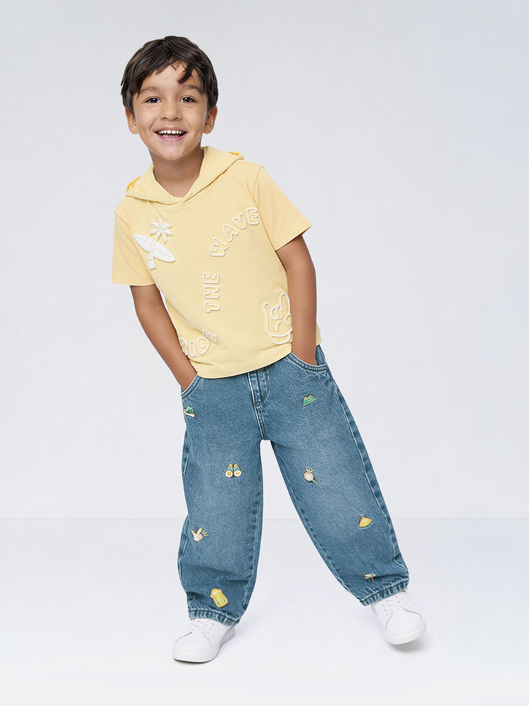 HOP Kids Boys Blue Embroidered High-Rise Relaxed-Fit Jeans
