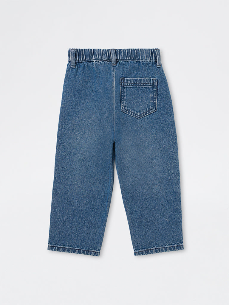 HOP Kids Boys Blue Embroidered High-Rise Relaxed-Fit Jeans