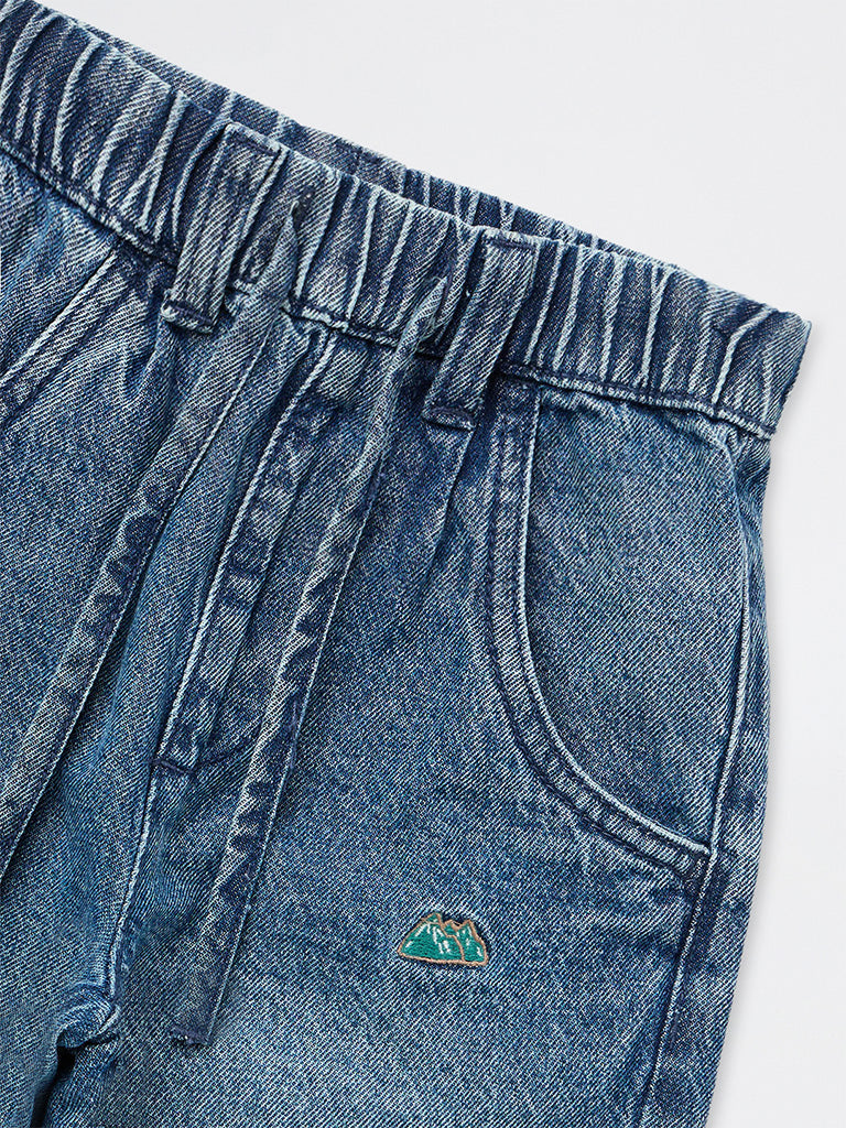 HOP Kids Boys Blue Embroidered High-Rise Relaxed-Fit Jeans